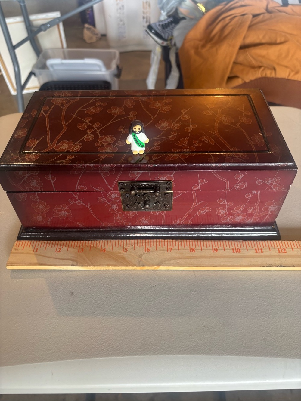 Source Unknown Red Lacquered Floral Jewelry Box with Metal Lock